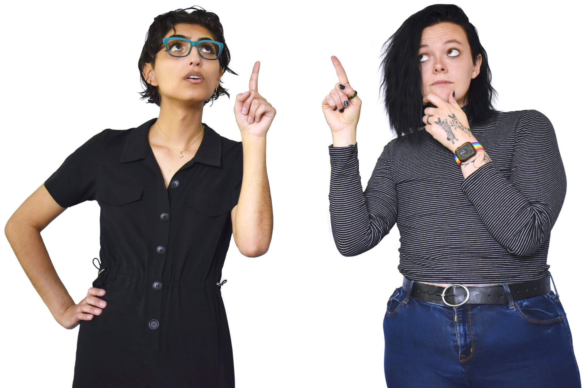 A picture of Stacy and Charlie looking upwards and pointing at the "Enter" button.